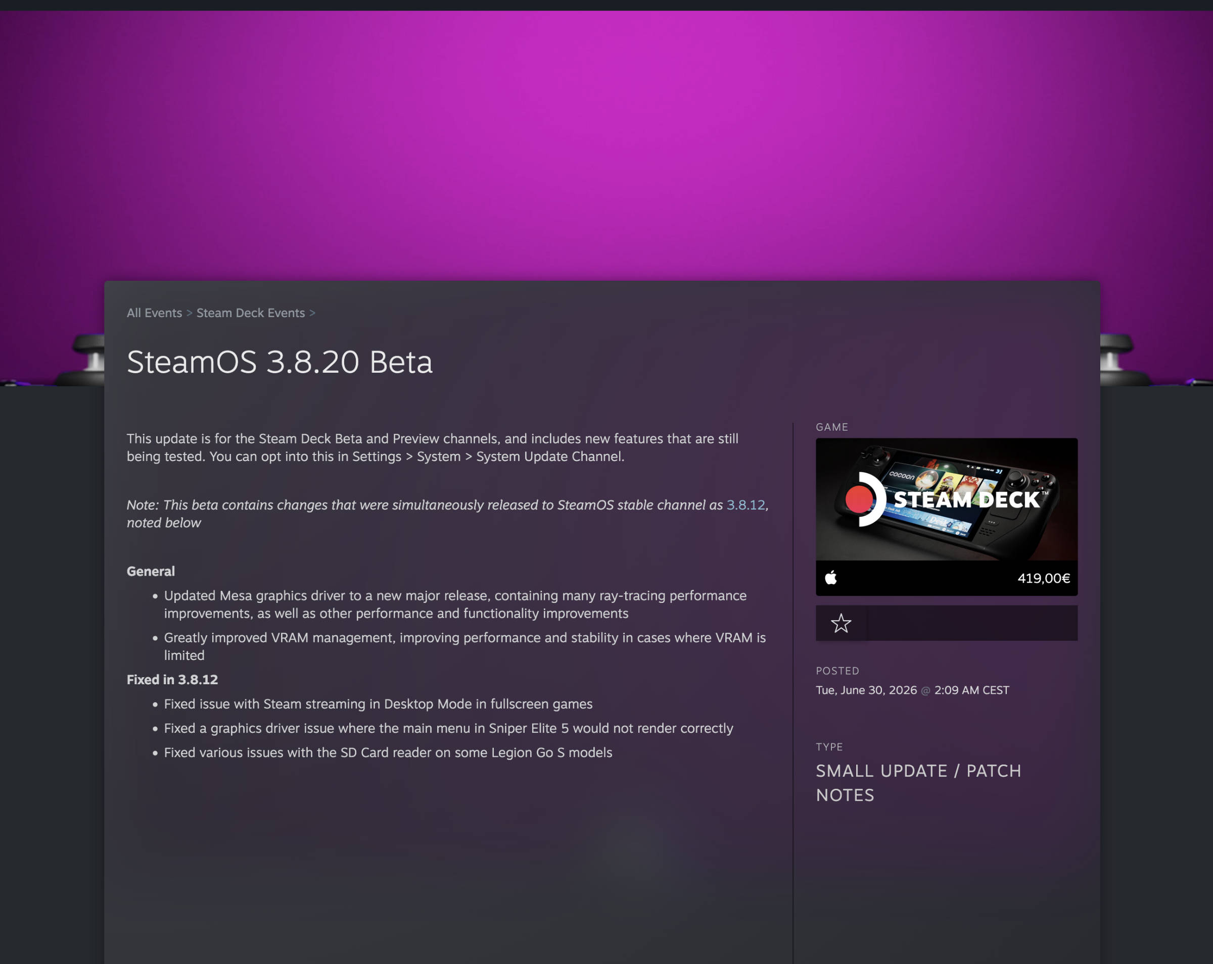 SteamOS 3 8 20 Beta  Image © Valve