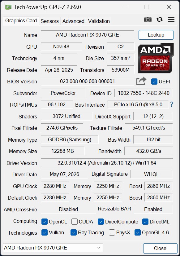 PowerColor Radeon RX 9070 GRE GPUz PowerColor Radeon RX 9070 GRE GPUz