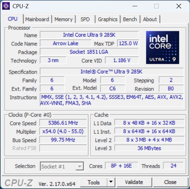 MSI MEG Vision X AI - CPUz Intel Core Ultra 9 285K MSI MEG Vision X AI - CPUz Intel Core Ultra 9 285K