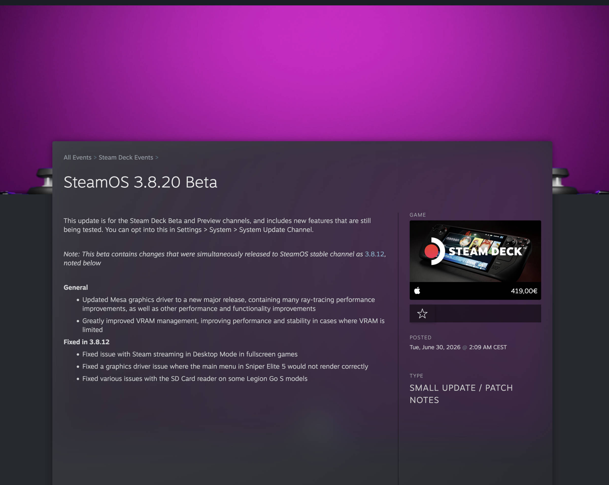 SteamOS 3 8 20 Beta  Image © Valve