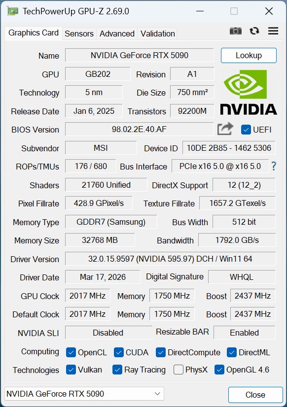 MSI MEG Vision X AI - GPUz GeForce RTX 5090