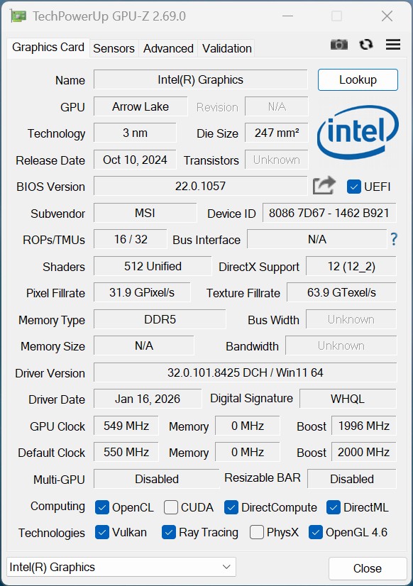 MSI MEG Vision X AI - GPUz Intel ARC MSI MEG Vision X AI - GPUz Intel ARC