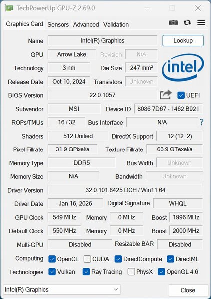 MSI MEG Vision X AI - GPUz Intel ARC MSI MEG Vision X AI - GPUz Intel ARC
