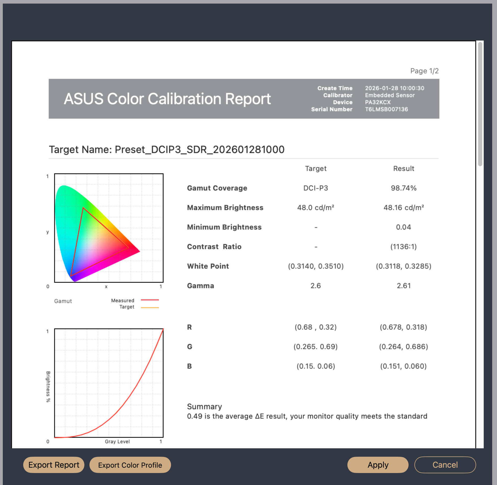 ASUS ProArt Calibration kalibriert ASUS ProArt Calibration kalibriert