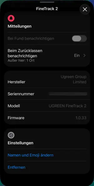 UGREEN FineTrack 2 iOS Trackerdetails