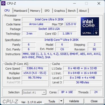 MSI MEG Vision X AI - CPUz Intel Core Ultra 9 285K