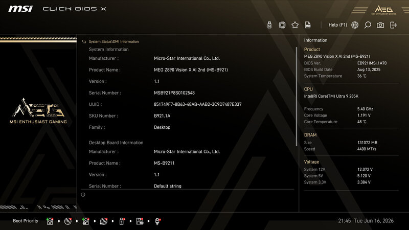 MSI MEG Vision X AI BIOS System DMI MSI MEG Vision X AI BIOS System DMI