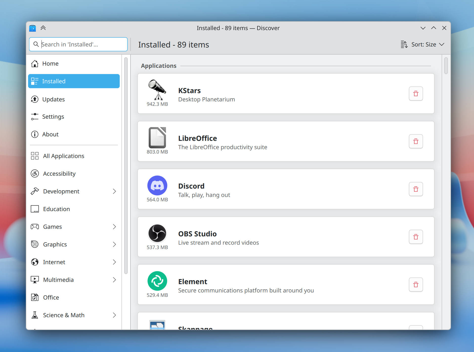 KDE Plasma 6 7 Discover installed page KDE Plasma 6 7 Discover installed page